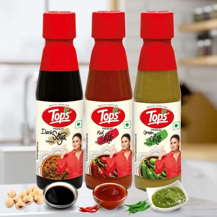 TOPS Red Chilli Sauce 200 gm + Green Chilli Sauce 200 gm +Dark Soya Sauce 220 gm -(Combo) Pack of 3.