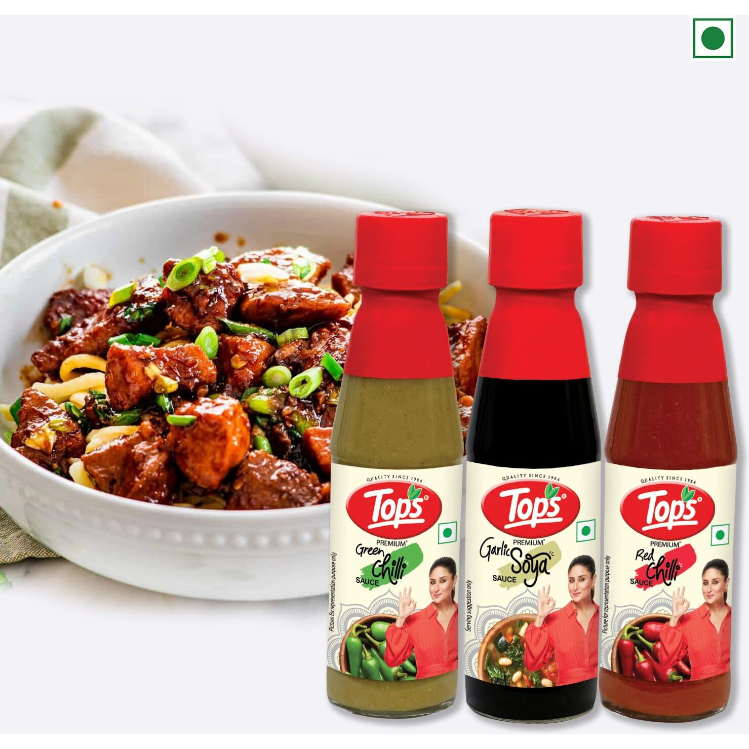 TOPS Red Chilli Sauce 200 gm + Green Chilli Sauce 200 gm +Dark Soya Sauce 220 gm -(Combo) Pack of 3.