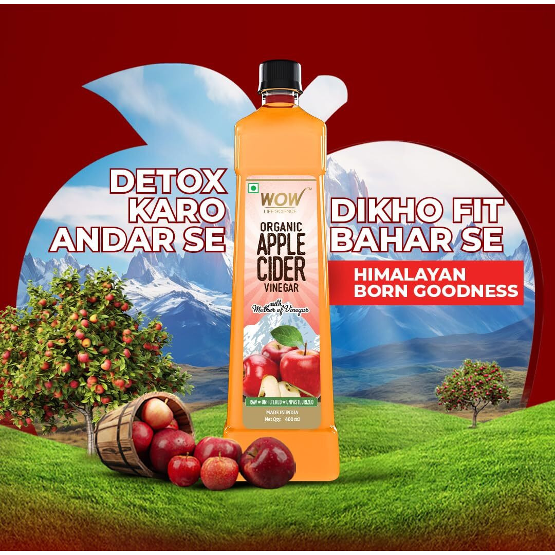 WOW Life Science Apple Cider Vinegar 400ml | Organic Himalayan Apples | Mother of Vinegar with Probiotics | Unfiltered & Unpasteurized | For Weight Management, Reduced Bloating, Healthy Skin & Hair