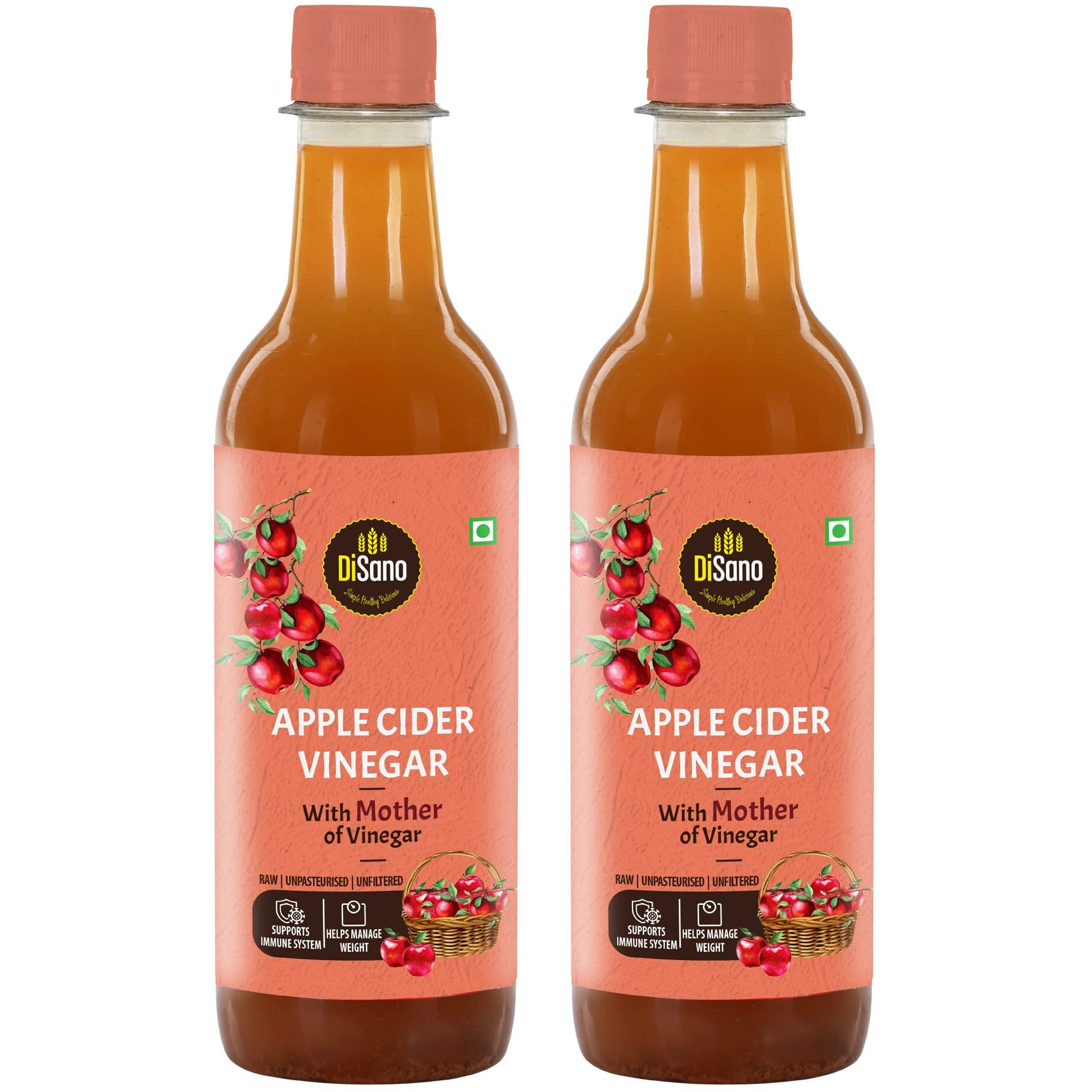 DiSano Apple Cider Vinegar (ACV) with Mother, Raw, Unfiltered, Undiluted - 1000 ml (2 x 500ml)