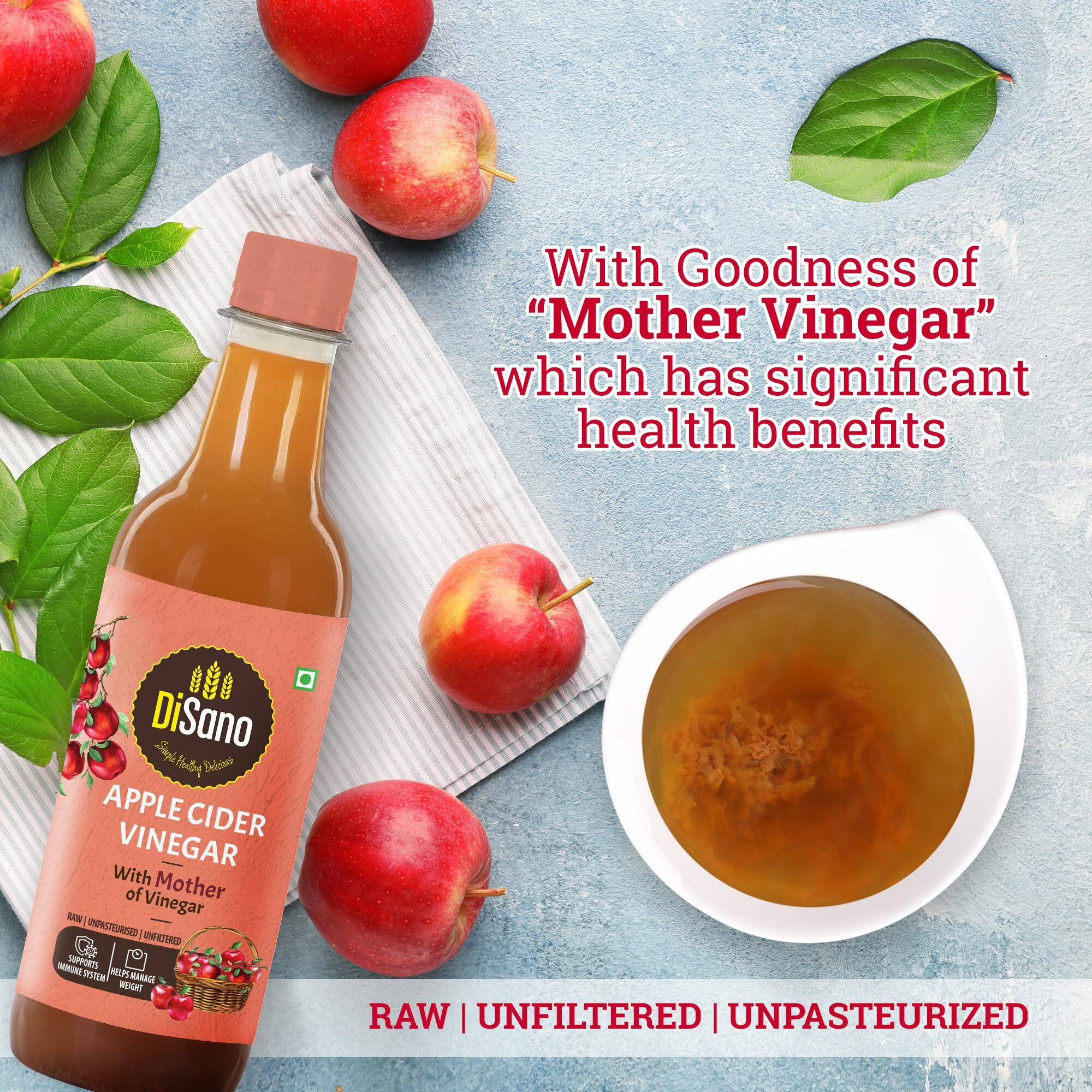 DiSano Apple Cider Vinegar (ACV) with Mother, Raw, Unfiltered, Undiluted - 1000 ml (2 x 500ml)