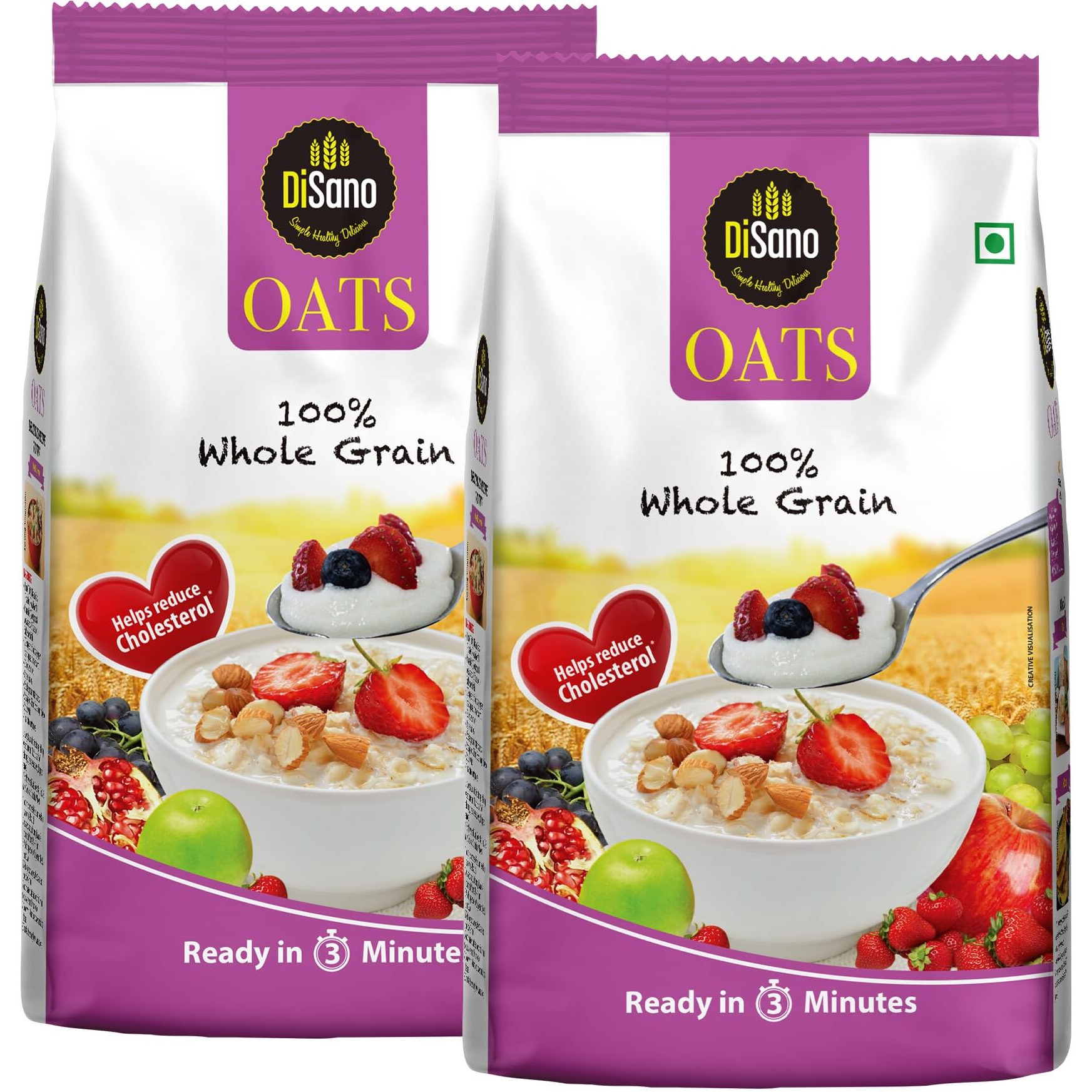 DiSano Oats, Natural Wholegrain, High in Protien and Fibre, Rolled Oats, 1kg(Pack of 2)
