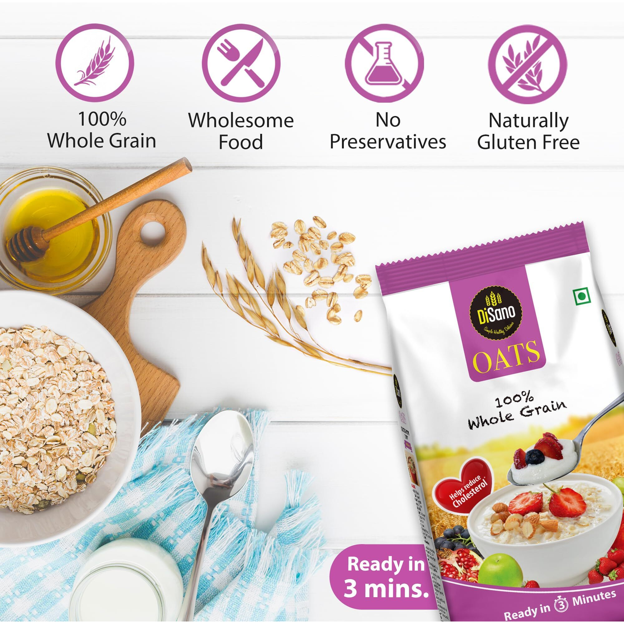 DiSano Oats, Natural Wholegrain, High in Protien and Fibre, Rolled Oats, 1kg(Pack of 2)