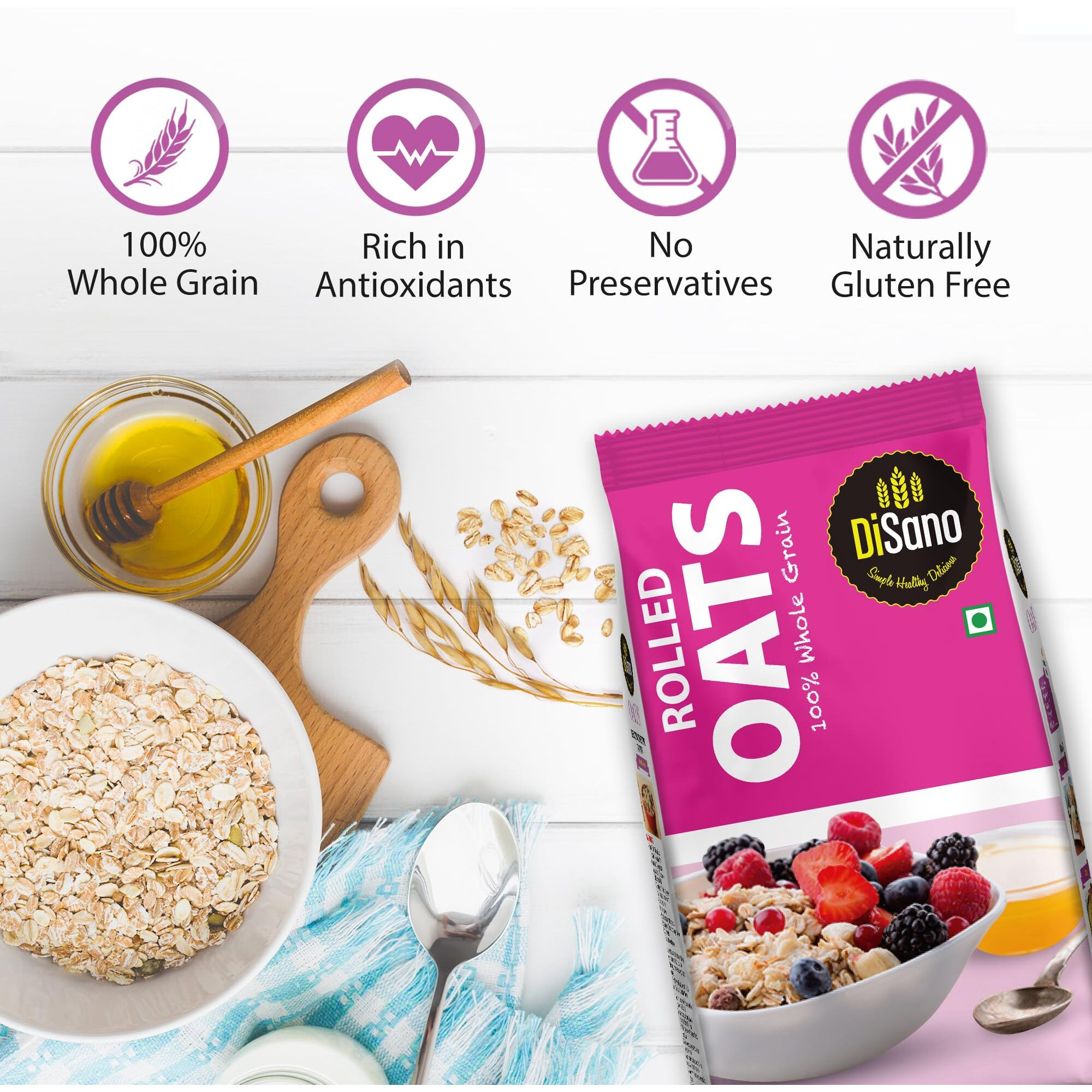 DiSano Rolled Oats 1kg, Jumbo Oats, 100% Whole Grain, High in Protein & Fibre, Healthy Breakfast Cereal