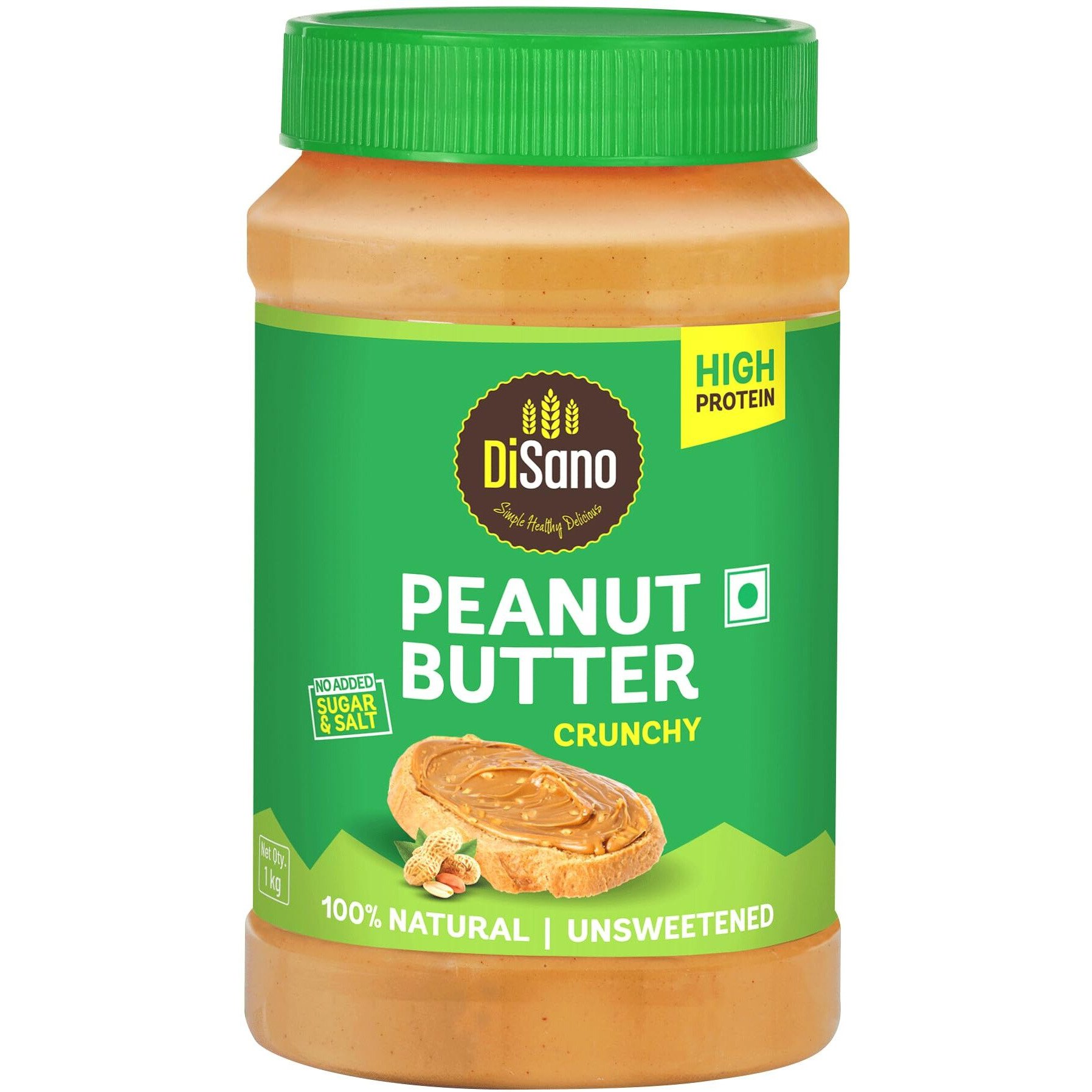 DiSano Natural Peanut Butter Crunchy 1Kg, Unsweetened, High Protein Peanut Butter (30G), No Added Sugar Or Salt, Vegan, 100% Roasted Peanut Butter Roasted Peanut Butter
