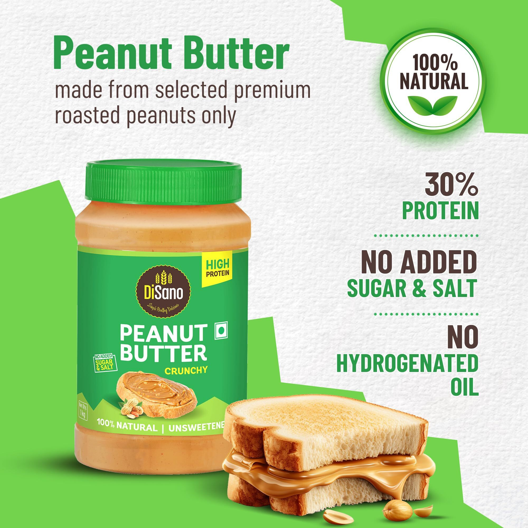 DiSano Natural Peanut Butter Crunchy 1Kg, Unsweetened, High Protein Peanut Butter (30G), No Added Sugar Or Salt, Vegan, 100% Roasted Peanut Butter Roasted Peanut Butter
