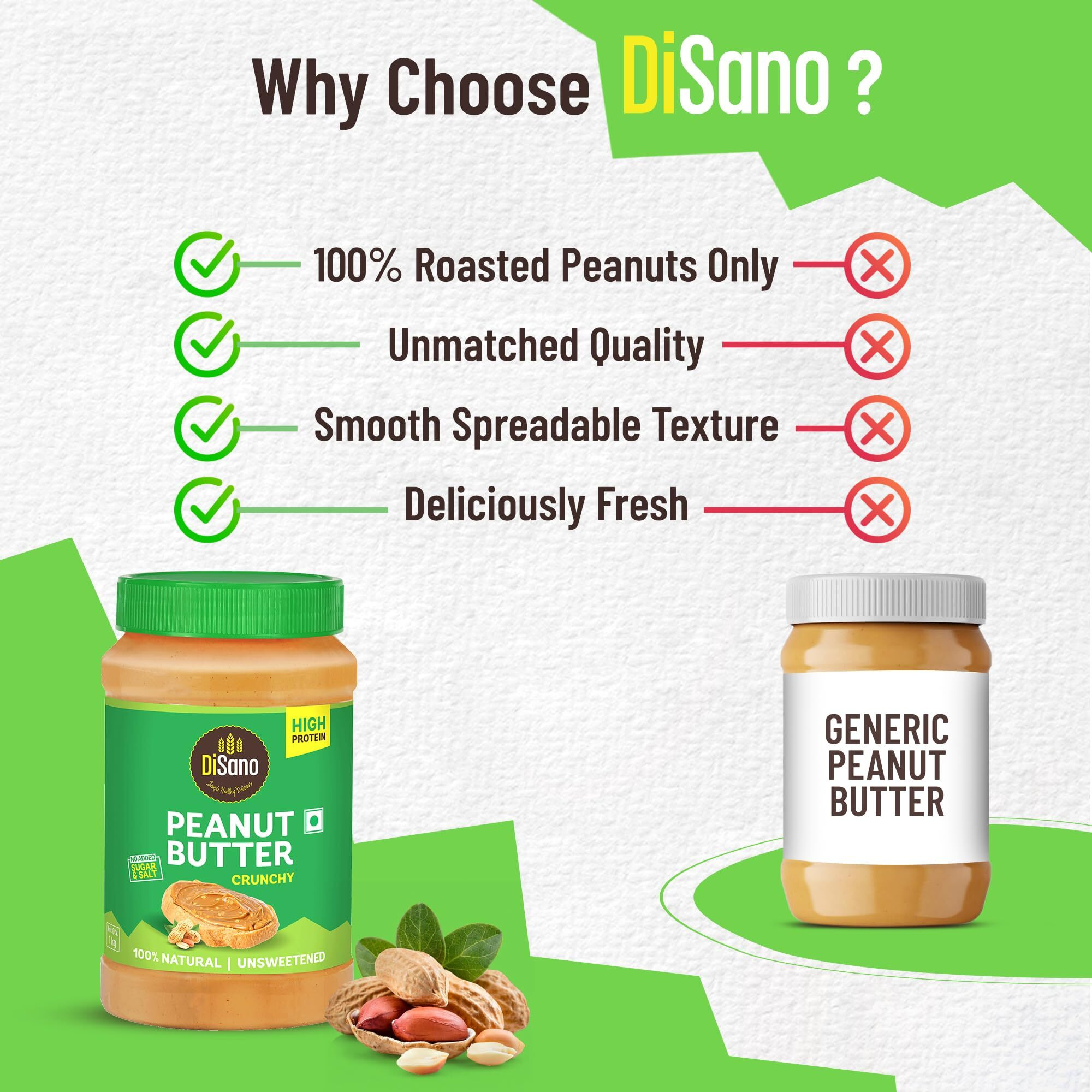 DiSano Natural Peanut Butter Crunchy 1Kg, Unsweetened, High Protein Peanut Butter (30G), No Added Sugar Or Salt, Vegan, 100% Roasted Peanut Butter Roasted Peanut Butter
