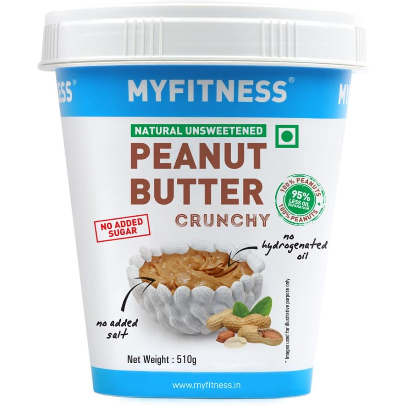 MYFITNESS All Natural Peanut Butter Crunchy 510g | 100% Roasted Peanuts | 32g Protein | Tasty Nut Butter Spread | No Added Sugar & Salt | No Palm Oil | Zero Cholesterol | Unsweetened Peanut Butter