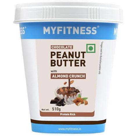 MyFitness Chocolate Peanut Butter with Almond Crunch, 510gm | Tasty & Healthy Nut Butter Spread | Vegan | Dark Chocolate | Cholesterol Free, Gluten Free | Almond Crunch Peanut Butter