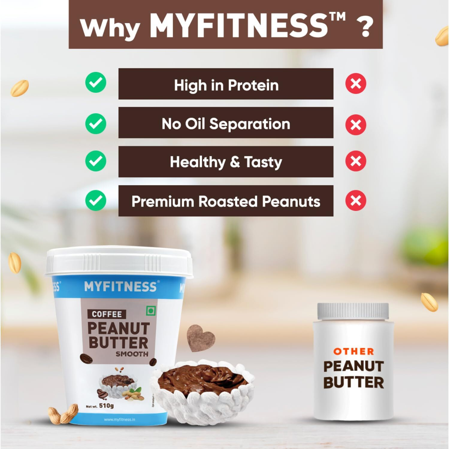 MYFITNESS Coffee Peanut Butter Smooth 510g | 26g Protein | Vegan | Tasty Nut Butter Spread for Healthy Breakfast | Non Gmo | High in Protein | Gluten & Cholesterol Free | Peanut Butter Creamy