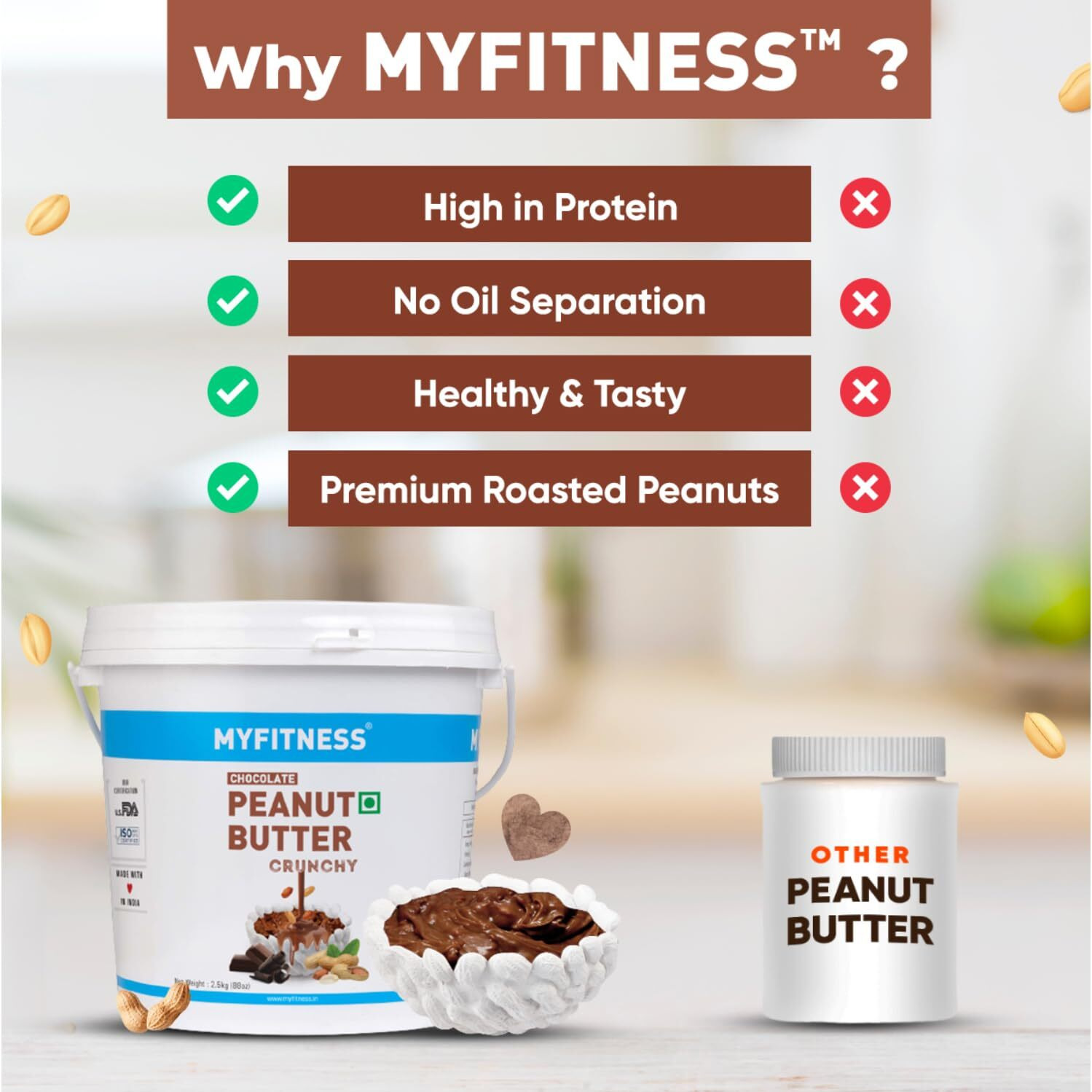MYFITNESS Peanut Butter Chocolate Flavour, Crunchy 2.5kg | 23g Protein | Tasty & Healthy Nut Butter | Vegan | Cholesterol Free, Gluten Free | No Palm Oil | Zero Trans-Fat | 100% Pure Roasted Peanuts