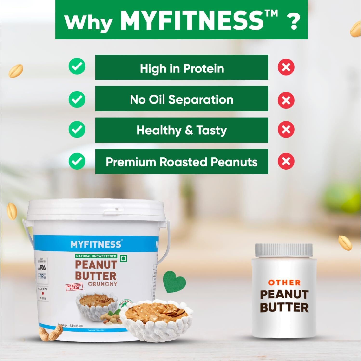 MYFITNESS All Natural Peanut Butter Crunchy 2.5kg | Peanut Butter Unsweetened with 32g Protein | No Palm Oil | 100% Roasted Peanuts | Sugar Free Peanut Butter Spread for your Bread | Vegan Nut Butter