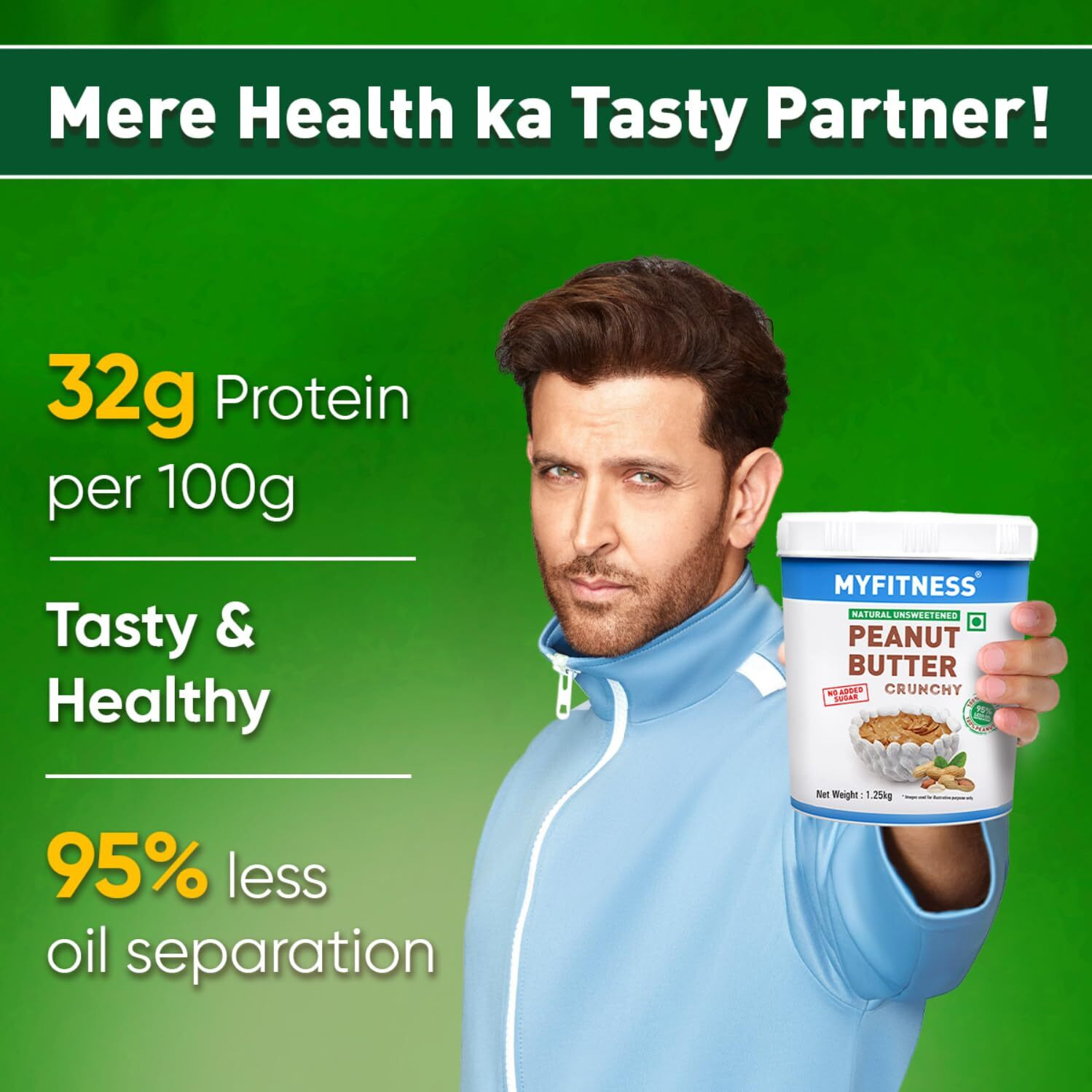 MYFITNESS All Natural Peanut Butter Crunchy 1.25kg | 100% Roasted Peanuts | 32g Protein | Tasty Nut Butter Spread | No Added Sugar & Salt | No Palm Oil | Zero Cholesterol | Unsweetened Peanut Butter