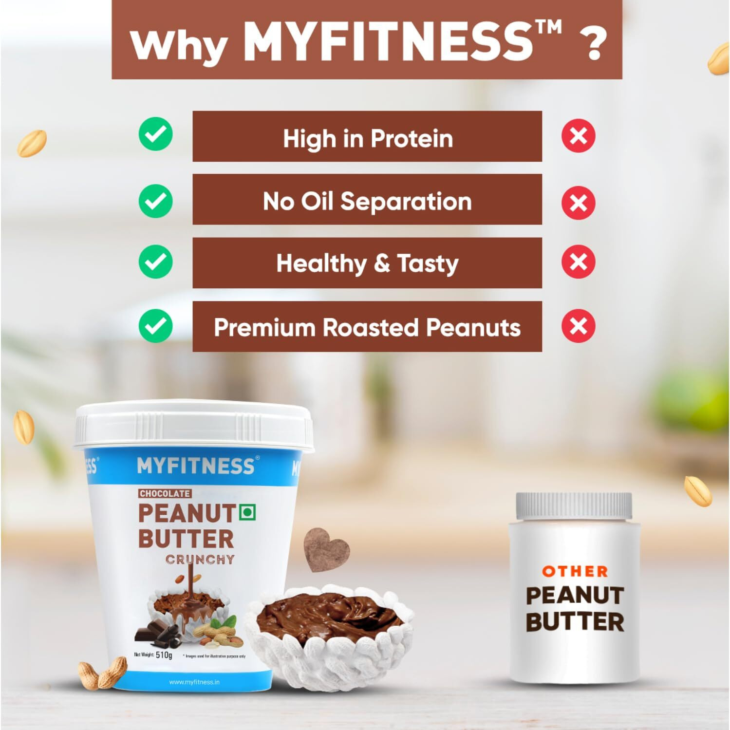 MYFITNESS Peanut Butter Chocolate Flavour, Crunchy 510g | 23g Protein | Tasty & Healthy Nut Butter | Vegan | Cholesterol Free, Gluten Free | Zero Trans-Fat | 100% Pure Roasted Peanuts