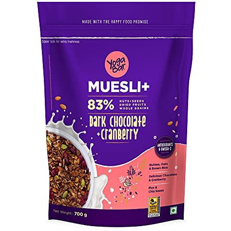 Yogabar Dark Chocolate & Cranberry Muesli 700g - Breakfast Cereal with 83% Whole Grains & Nuts & Seeds, & Dried Fruits, & Gluten Free Snack