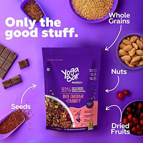 Yogabar Dark Chocolate & Cranberry Muesli 700g - Breakfast Cereal with 83% Whole Grains & Nuts & Seeds, & Dried Fruits, & Gluten Free Snack