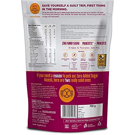 Yogabar Super Muesli, No Added or Hidden Sugar, Breakfast Muesli with Probiotics & Prebiotics, 82% Whole Grains + Seeds + Almonds, 700g