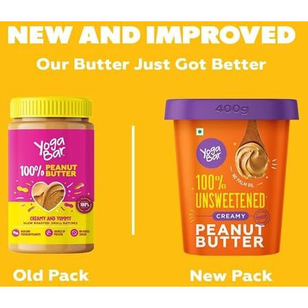 Yogabar 100% Pure Peanut Butter | Creamy & Yummy Unsweetened | Slow Roasted | Non-GMO Premium Peanuts | No Added Sugar - 400gm
