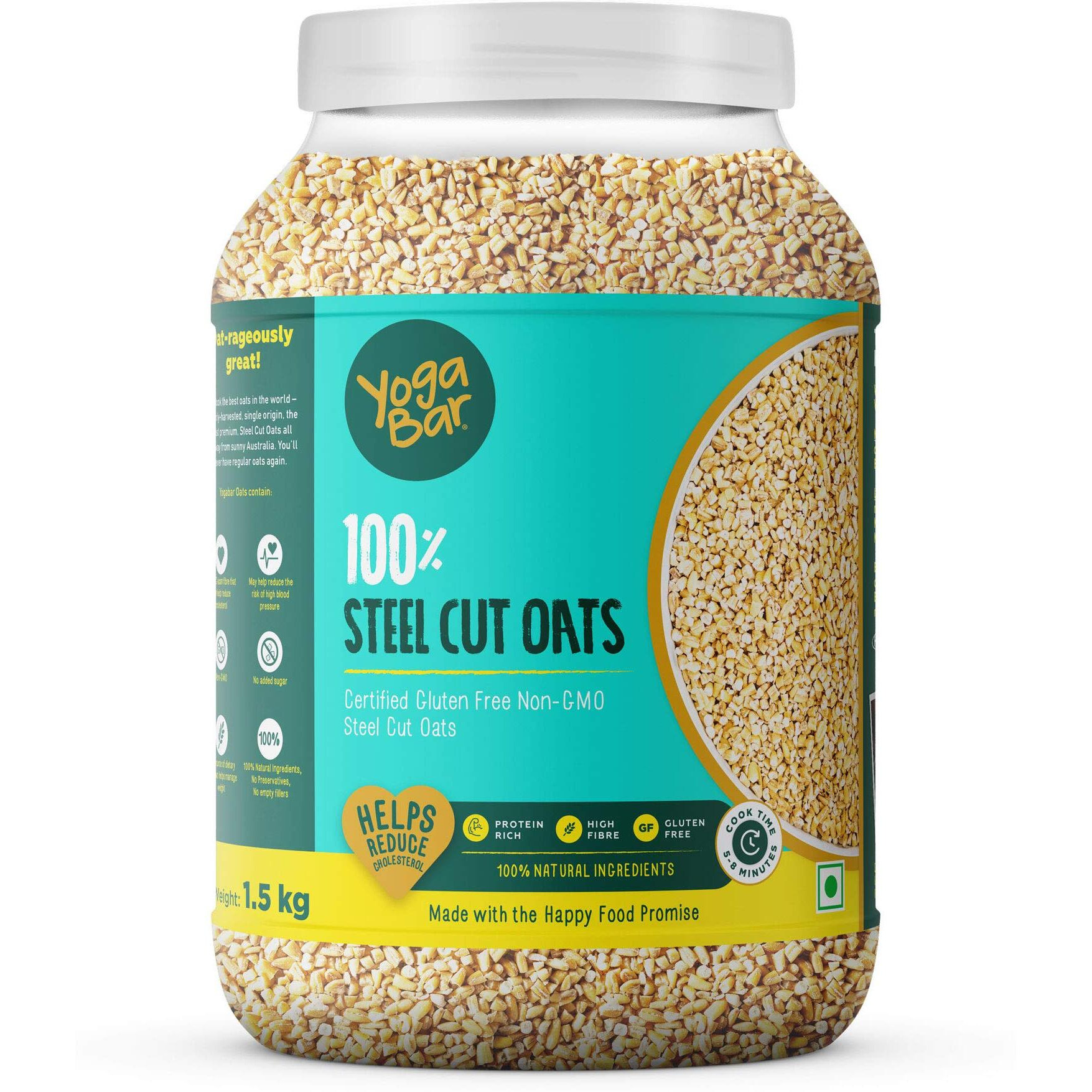 Yogabar Steel Cut Plain Oats 1.5Kg | Premium Oats, Gluten Free Oats With High Fibre, 100% Whole Grain, Non Gmo | Protein Rich Healthy Food With No Added Sugar | - 1.5 Kg