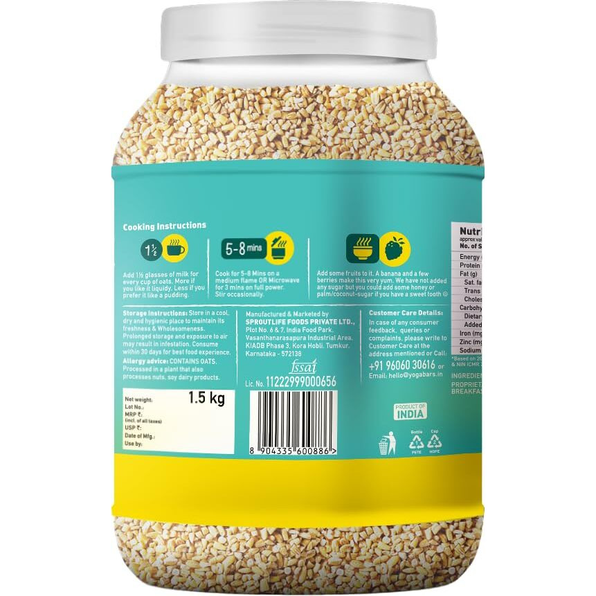 Yogabar Steel Cut Plain Oats 1.5Kg | Premium Oats, Gluten Free Oats With High Fibre, 100% Whole Grain, Non Gmo | Protein Rich Healthy Food With No Added Sugar | - 1.5 Kg
