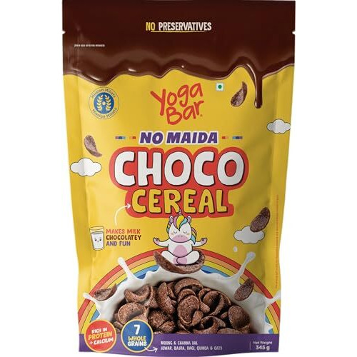 Yogabar Multigrain Chocos Cereal for Breakfast, Zero Maida, Delicious Chocolate Chocos for Kids & Adults, Protein Food, 0 Added Preservatives, Contains Jowar, Bajra, Ragi, Quinoa & Oats, 345g