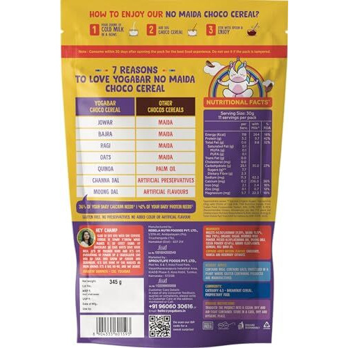 Yogabar Multigrain Chocos Cereal for Breakfast, Zero Maida, Delicious Chocolate Chocos for Kids & Adults, Protein Food, 0 Added Preservatives, Contains Jowar, Bajra, Ragi, Quinoa & Oats, 345g