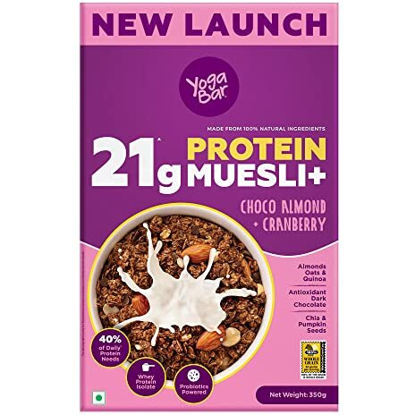 Yogabar Super High Protein Muesli 350g | 27g Protein | With Probiotics and Whey | No Refined Sugar | Easy on gut | Choco Almond | Protein Snack | High Fiber Food | Breakfast Cereal