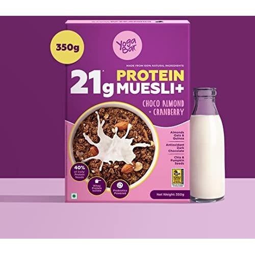 Yogabar Super High Protein Muesli 350g | 27g Protein | With Probiotics and Whey | No Refined Sugar | Easy on gut | Choco Almond | Protein Snack | High Fiber Food | Breakfast Cereal