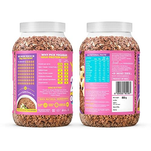 Yogabar Super High Protein Oats 850g | 23gm Protein | Choco Almond Oatmeal | Whey and Probiotics | High Absorption | High Fiber Oats for Weight | Dark Chocolate Oats Breakfast Cereal