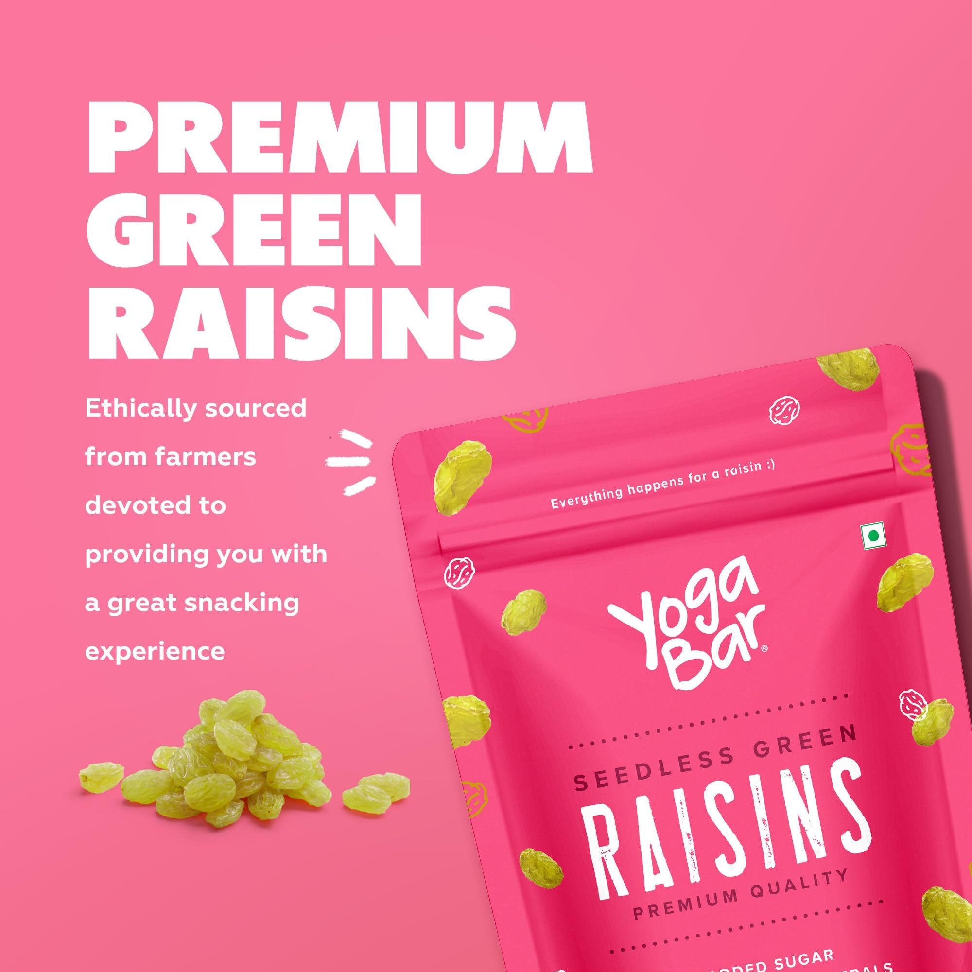 Yogabar Premium Green Raisins 200 Gram|Kishmish|100% Fresh Pure Seedless Kismis Raisins|Munakka Dry Fruit|Rich In Iron, Calcium, Vitamin B & Boosts Immunity|Healthy Snacks|Dry Fruit Gift Pack