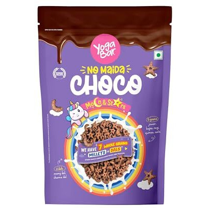 Yogabar Multigrain Moon & Star Chocos Cereal Breakfast, Zero Maida, Delicious Chocolate Chocos for Kids & Adults, Protein Food, 0 Added Preservatives, Has Jowar, Bajra, Ragi, Quinoa Oats, P1