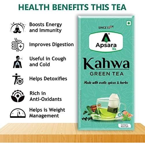 APSARA Detoxifying Kahwa Green Tea - 10 Tea Bags, Spiced Kashmiri Detoxifying Kahwa Green Tea, Natural Body Cleanse & Immunity Booster, Blended with Rock Salt, Tulsi, Cardamom, Cinnamon, Black Pepper, Ashwagandha Tea