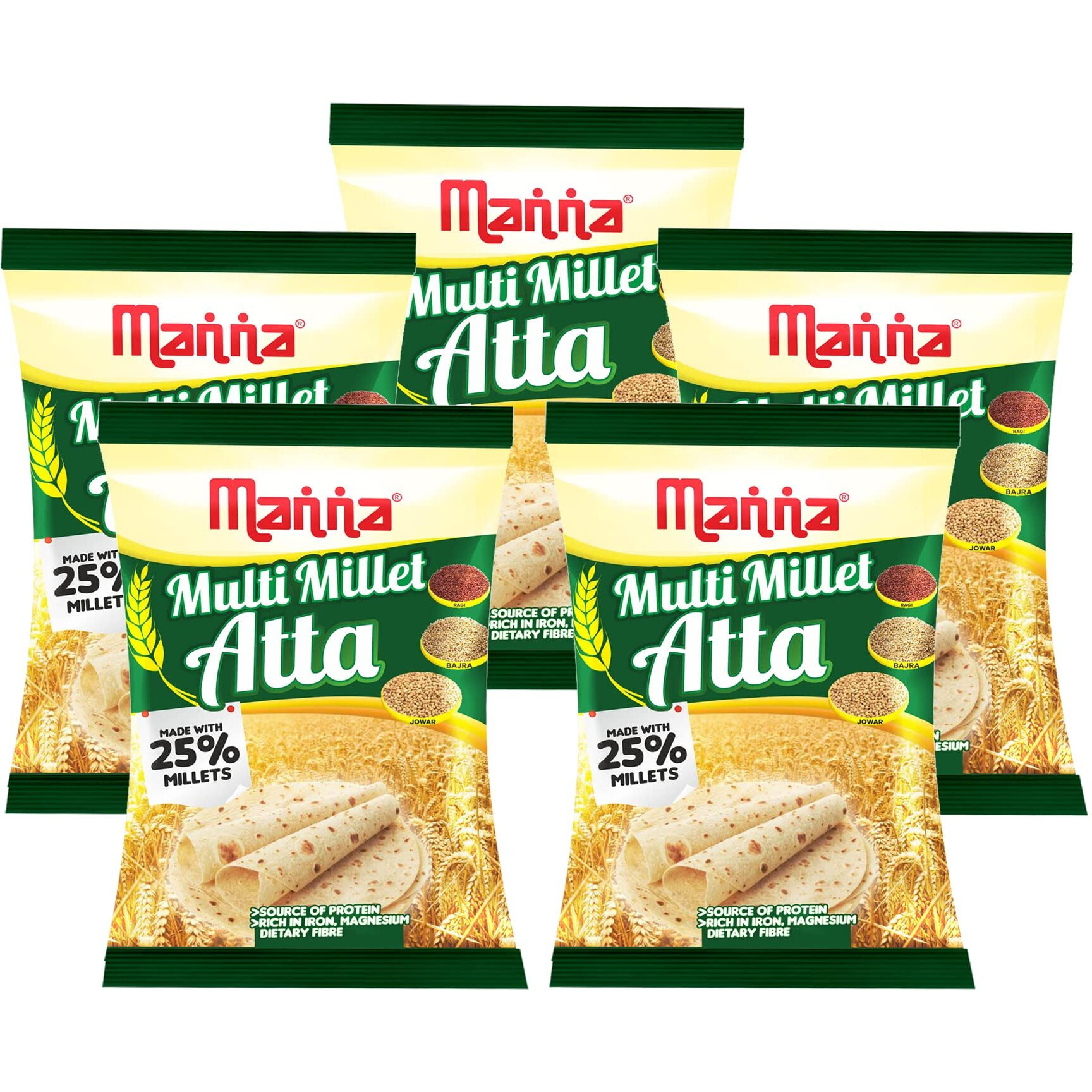 Manna Multigrain Atta/Multi Millet Atta 5Kgs (with Siridhanya Flour) | Certified Low GI Wheat Flour with 25% Millets | High Protein & Fibre | Diabetic Friendly |For Weight Loss (5 X 1Kg Packs)