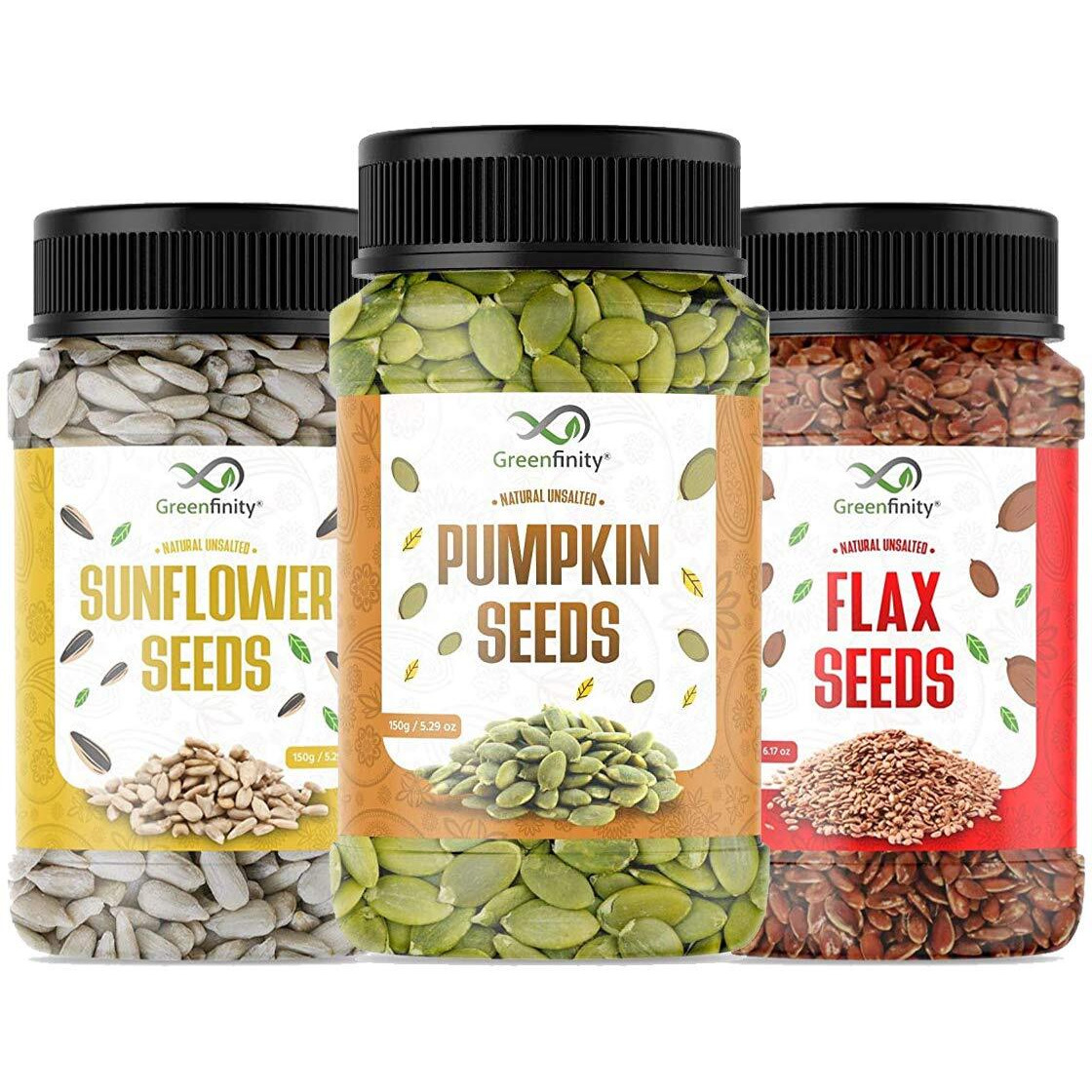 GreenFinity Seeds Combo - 475g, Pumpkin, Sunflower Seeds - 150g, Flax Seeds - 175g | All Premium.