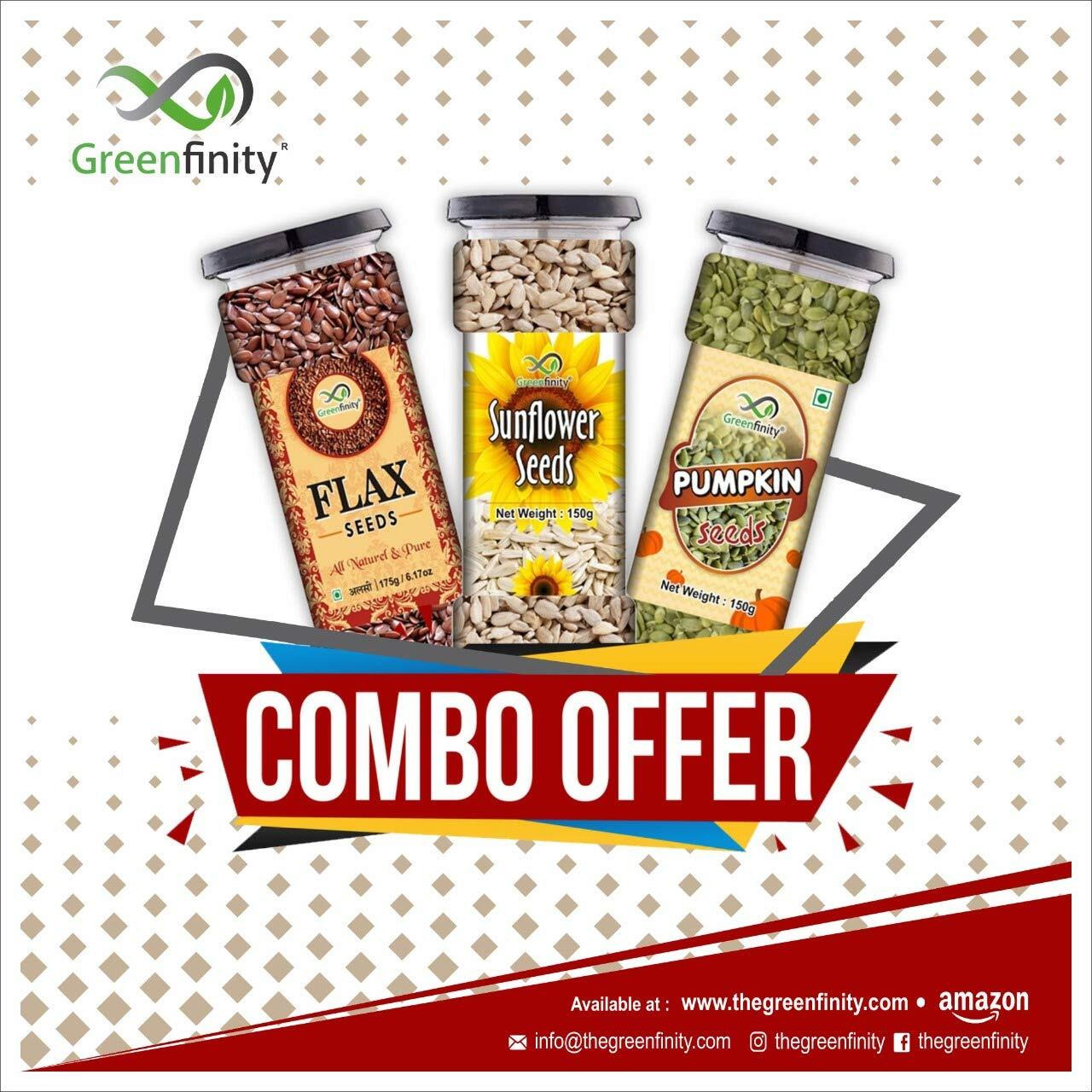 GreenFinity Seeds Combo - 475g, Pumpkin, Sunflower Seeds - 150g, Flax Seeds - 175g | All Premium.