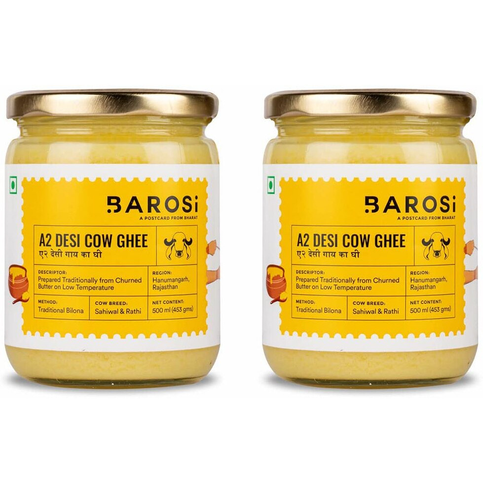 Barosi A2 Desi Cow Ghee Combo Of 2 Of 500 Ml, Produced From Grass Fed Desi Cow Milk, Aromatic And Pure, Bilona Method, Sustainable Glass Packaging