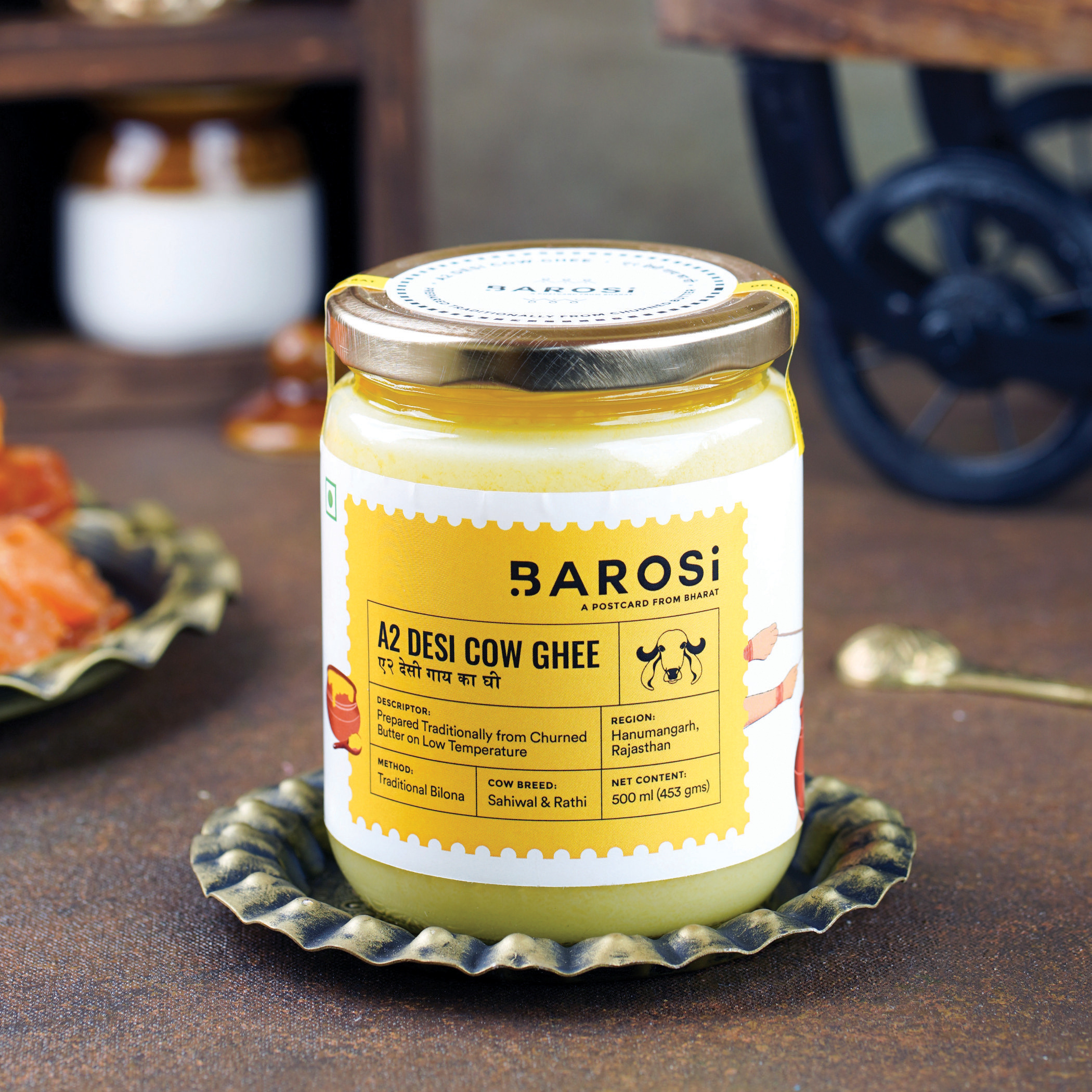 Barosi A2 Desi Cow Ghee Combo Of 2 Of 500 Ml, Produced From Grass Fed Desi Cow Milk, Aromatic And Pure, Bilona Method, Sustainable Glass Packaging