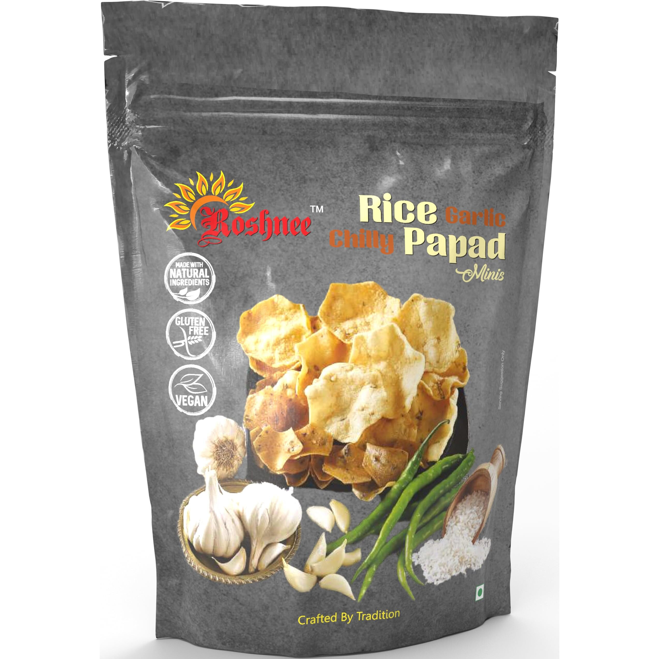Roshnee Rice Papads |Set of 3-80 gm x 3  240GM Pure Vegetarian papad No Artificial Flavors preservatives & Artificial Colors Gluten Free. (Rice Garlic)