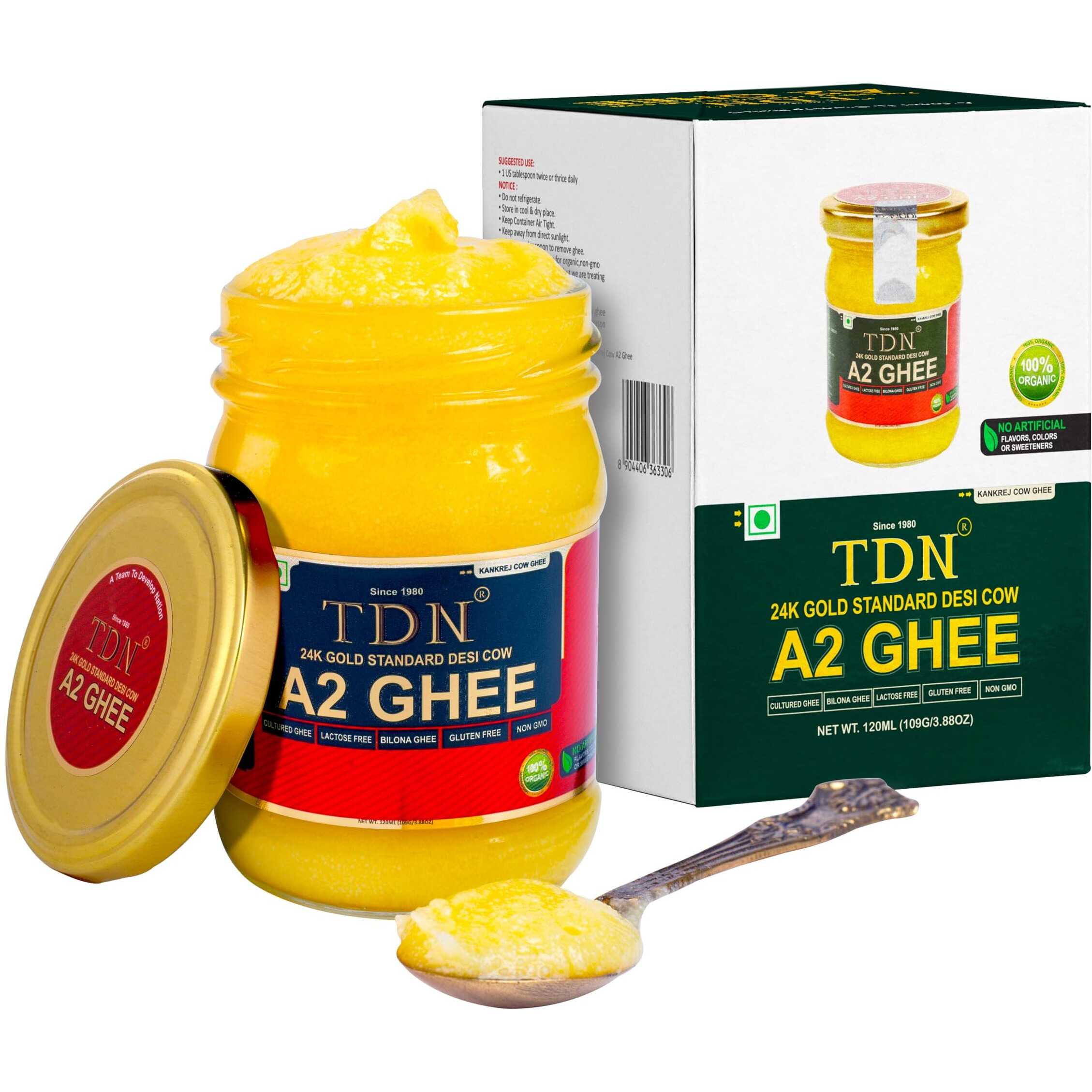 TDN Farm Fresh A2 Cow Ghee -120ML Glass Bottle, NDDB A2 Lab Certified, A2 Ghee Bilona Method, A2 Organic Cow Ghee, Grassfed, Cultured Premium & Traditional Ghee, Curd Churned A2 Ghee, A2 Pure Ghee