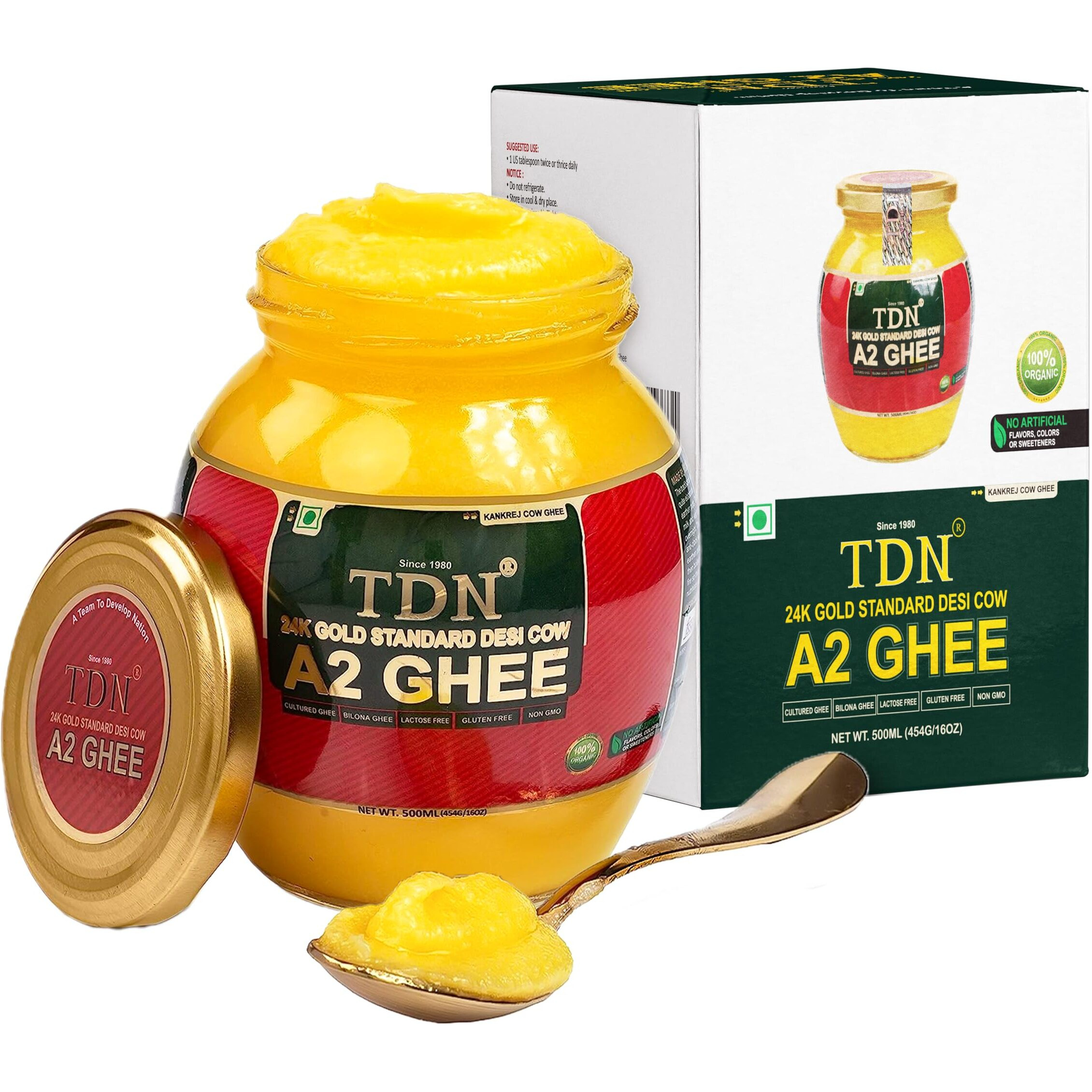 TDN Farm Fresh A2 Ghee - 500ML Glass Bottle, NDDB A2 Lab Certified, A2 Ghee Bilona Method, A2 Organic Cow Ghee, Grassfed, Cultured Premium & Traditional Ghee, Curd Churned A2 Ghee, A2 Pure Ghee