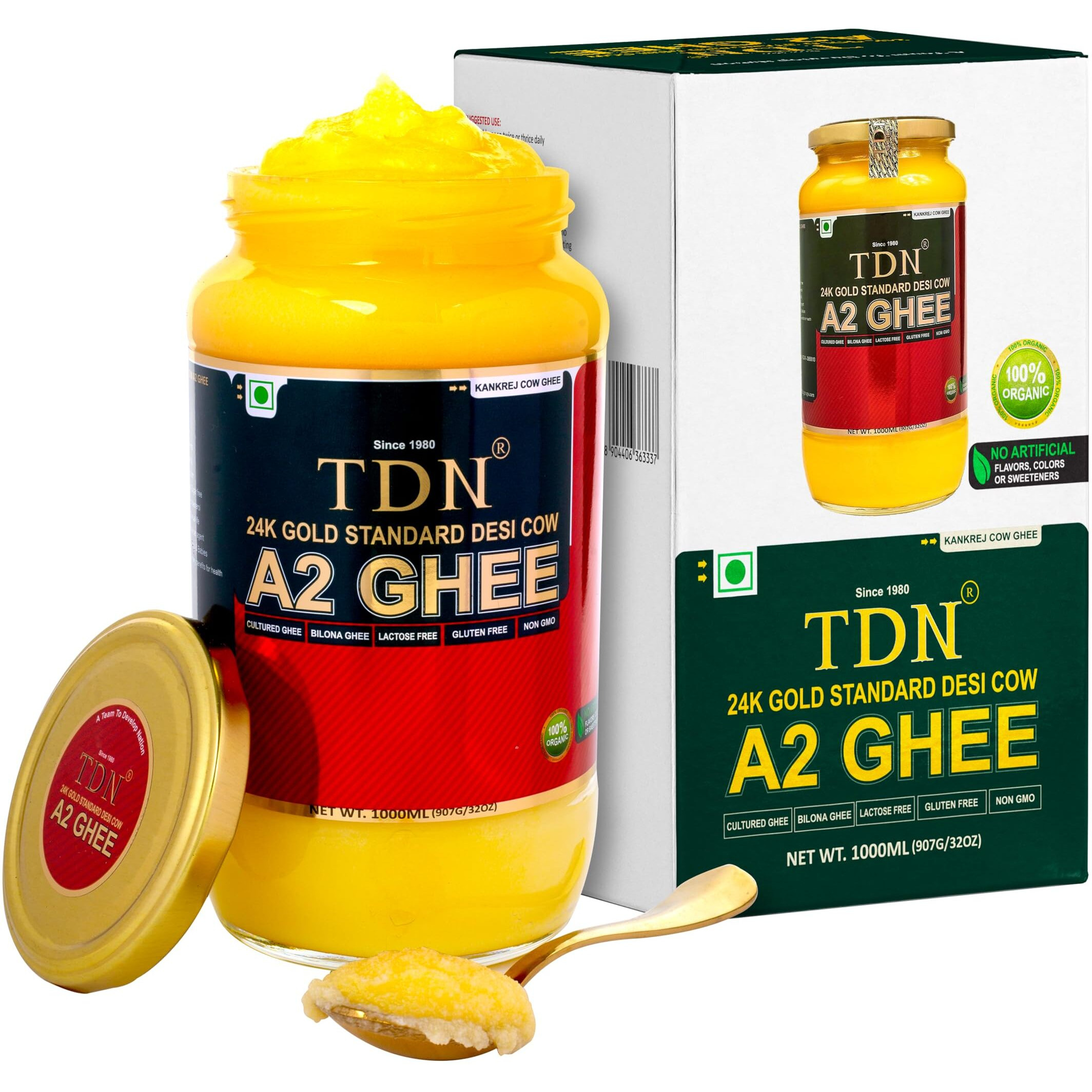 TDN Farm Fresh A2 Ghee - 1 Litre Glass Bottle, Nddb A2 Lab Certified, A2 Cow Desi Ghee, A2 Ghee Bilona Method, Cultured Premium & Traditional Ghee, Curd Churned A2 Ghee