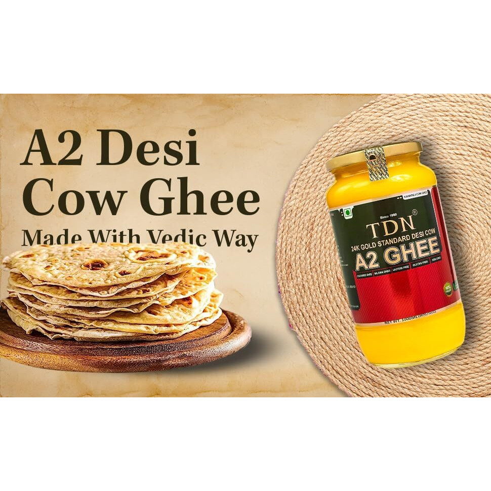 TDN Farm Fresh A2 Ghee - 1 Litre Glass Bottle, Nddb A2 Lab Certified, A2 Cow Desi Ghee, A2 Ghee Bilona Method, Cultured Premium & Traditional Ghee, Curd Churned A2 Ghee