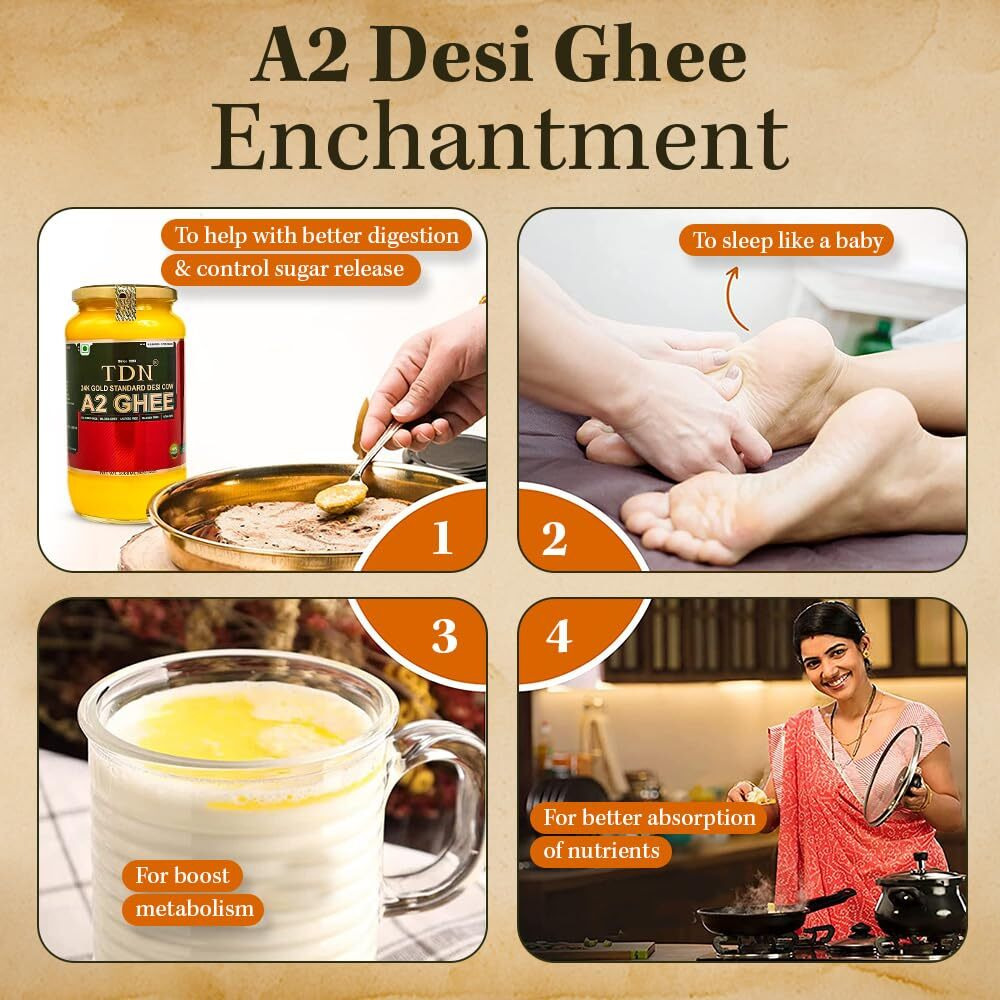 TDN Farm Fresh A2 Ghee - 1 Litre Glass Bottle, Nddb A2 Lab Certified, A2 Cow Desi Ghee, A2 Ghee Bilona Method, Cultured Premium & Traditional Ghee, Curd Churned A2 Ghee