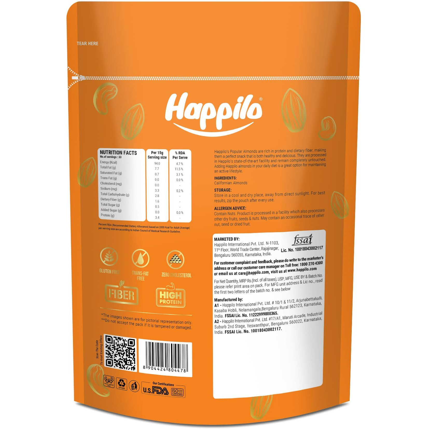 Happilo Natural Popular Californian Almonds 400g, High in Fiber & Boost Immunity, Real Dry Fruit Nuts, Gluten Free & Zero Cholesterol