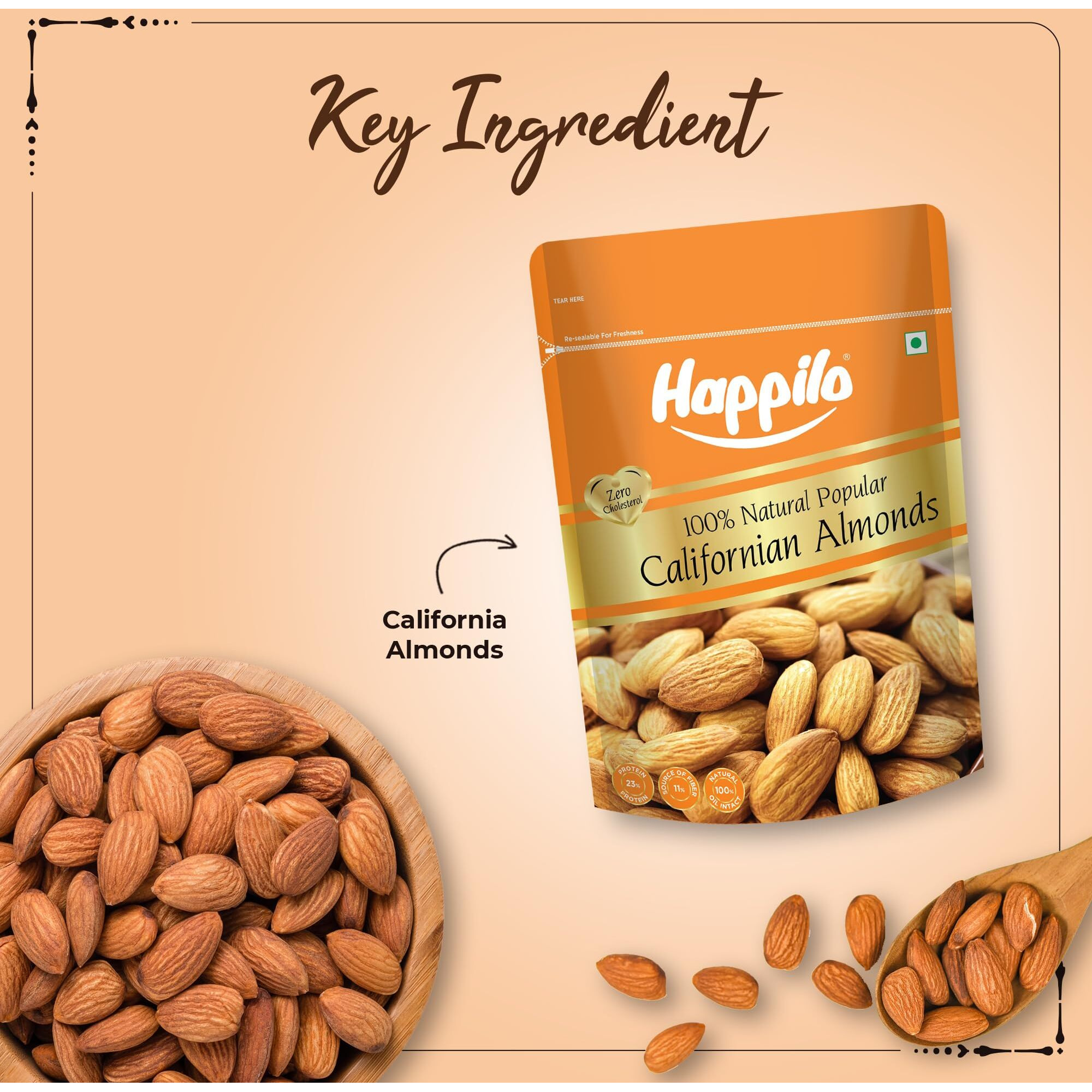 Happilo Natural Popular Californian Almonds 400g, High in Fiber & Boost Immunity, Real Dry Fruit Nuts, Gluten Free & Zero Cholesterol