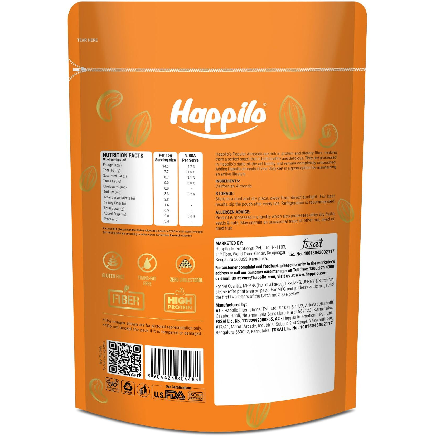 Happilo Natural Popular Californian Almonds 900g, High in Fiber & Boost Immunity, Real Dry Fruit Nuts, Gluten Free & Zero Cholesterol