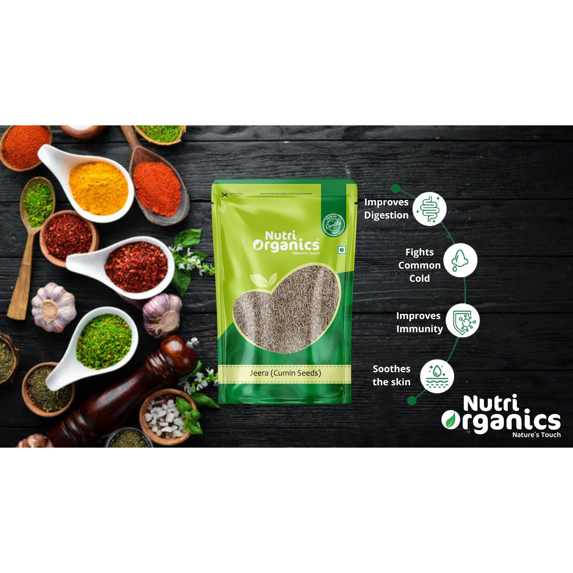 NutriOrganics Premium Whole Spices Cumin Seeds - 200gm | Jeera Whole | Jira | Resealable Ziplock Pouch