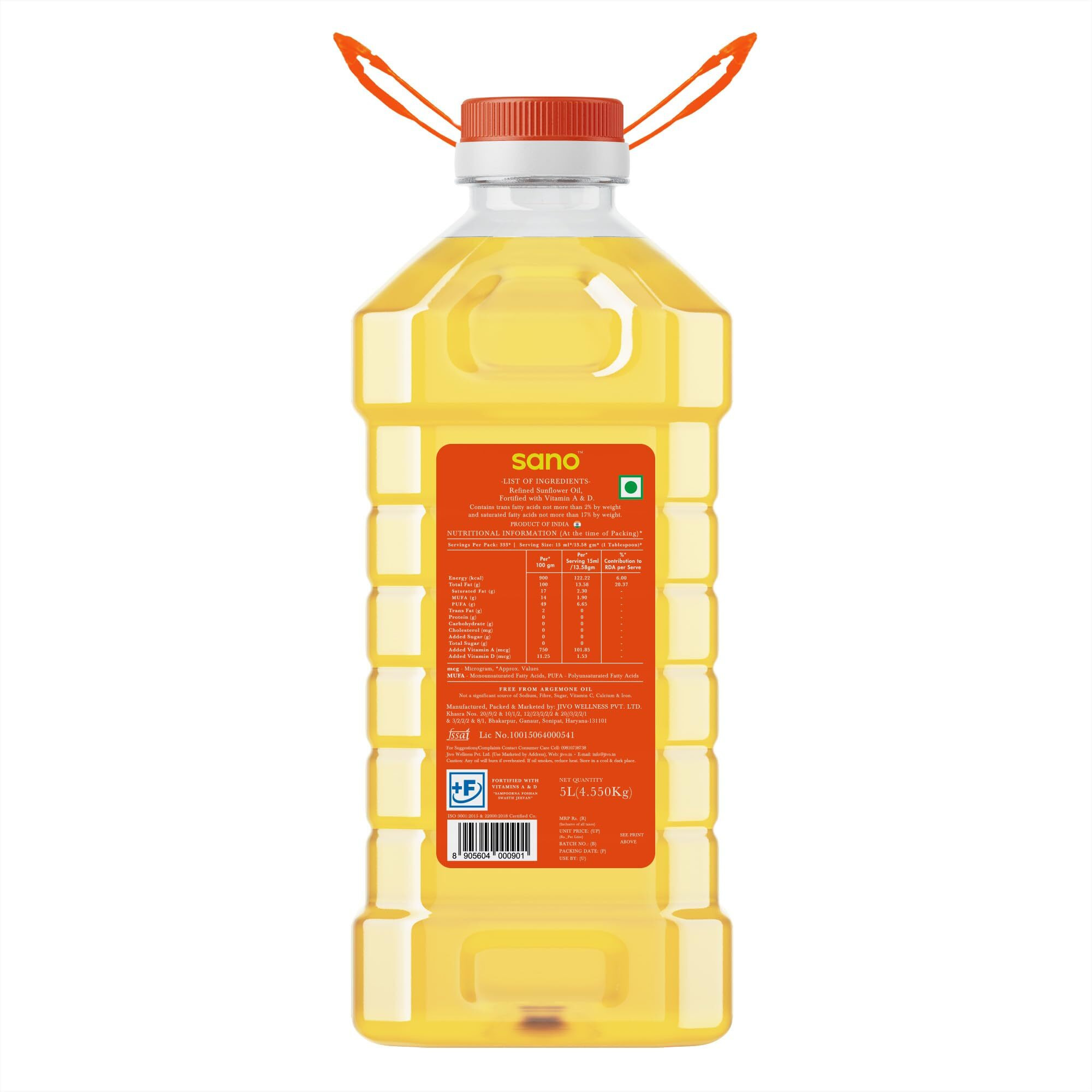sano Sunflower Oil 5 Ltr Pet Bottle Pure, Nutrient Rich Cooking Oil with High Smoke Point Ideal for Frying, Sauting, and Baking All type of Cuisines|
