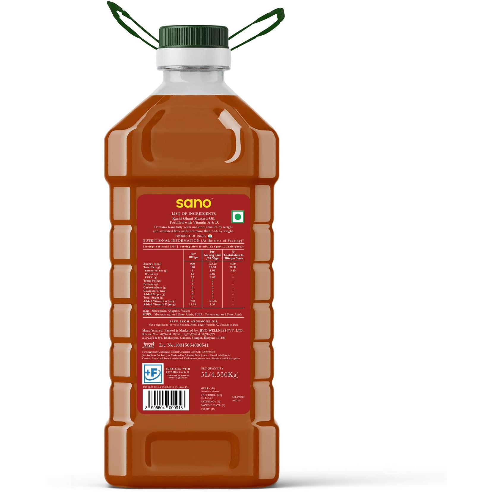 Sano Pure and Aromatic Kachi Ghani Mustard Oil - 5L Pet Bottle, 100% Natural, Ideal for Cooking, Pickling, and Health Benefits - Edible Oil (Pack of 1)