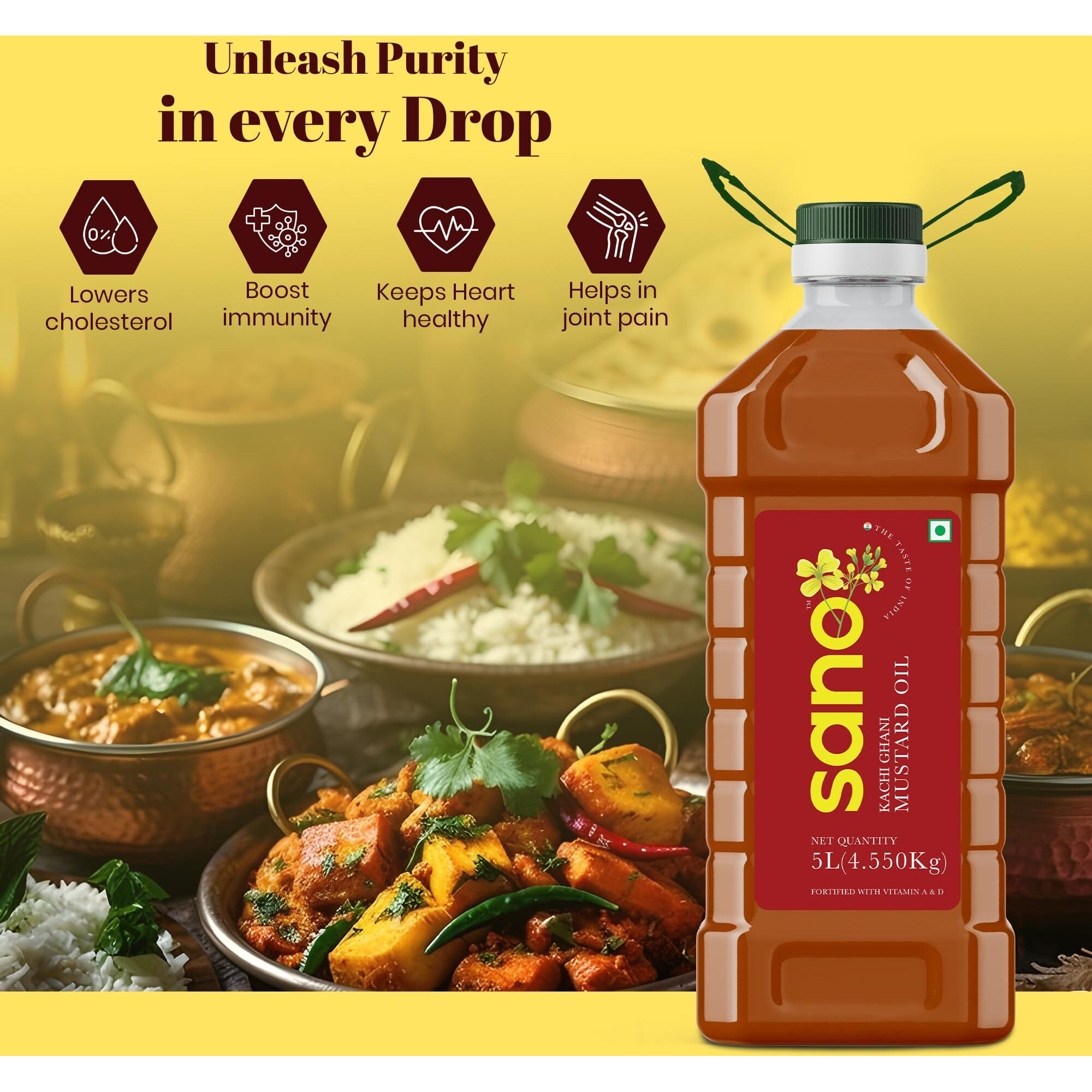 Sano Pure and Aromatic Kachi Ghani Mustard Oil - 5L Pet Bottle, 100% Natural, Ideal for Cooking, Pickling, and Health Benefits - Edible Oil (Pack of 1)